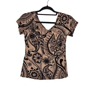 Whimsigoth Black Velvet Burnout Med Paisley Floral Print Short Sleeve Top Shirt